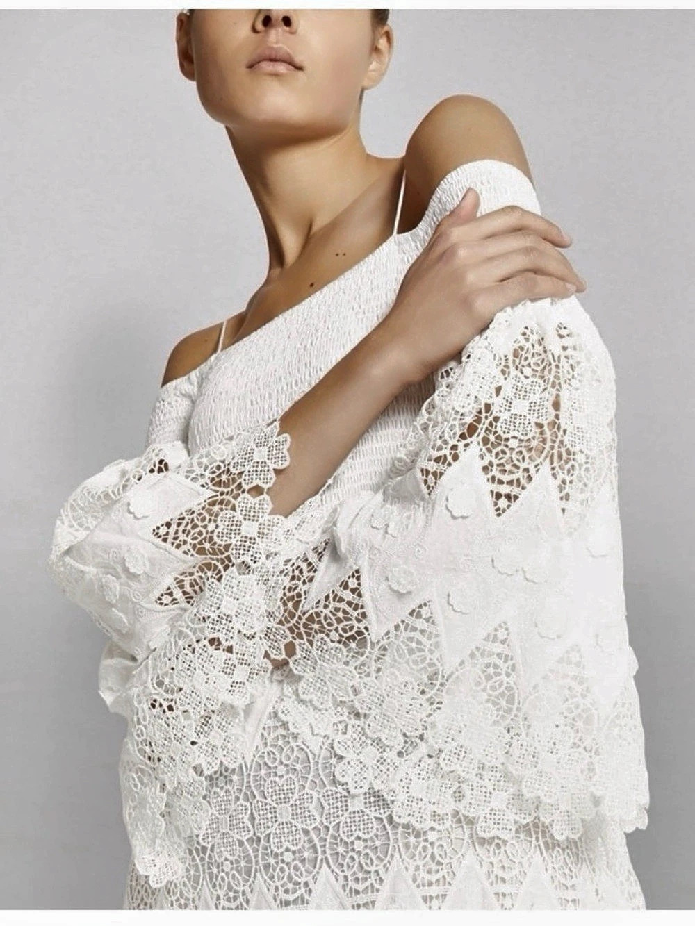 alice + olivia Roseline smocked White Lace Maxi Dress Large - Picture 10 of 16